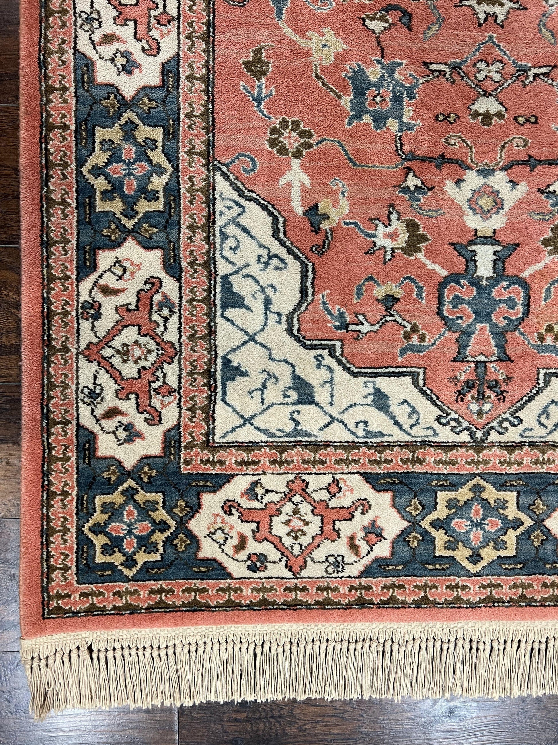 Karastan Rug 4x6 Bergama Design #737, Karastan Area Rug, Vintage Wool Karastan Carpet, Original Collection 700 Series, Salmon Red Light Blue - Nuvé