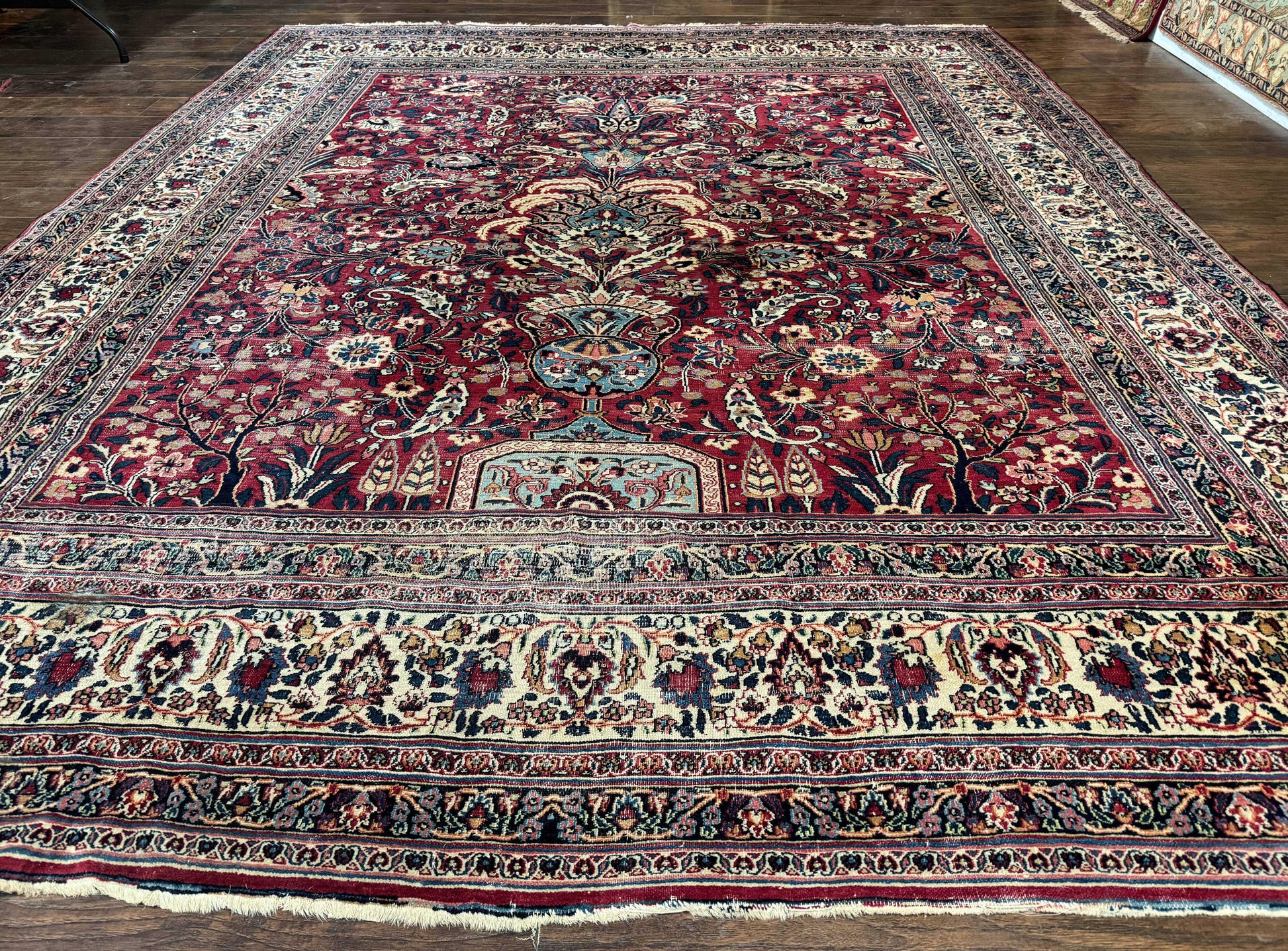 Antique Persian Mashad Rug 10x12, Red and Ivory, Signed by Master Weaver - Nuvé