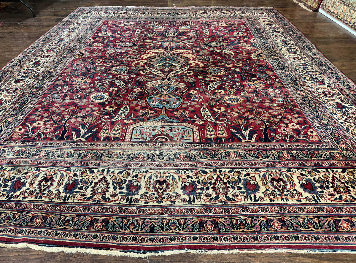 Antique Persian Mashad Rug 10x12, Red and Ivory, Signed by Master Weaver