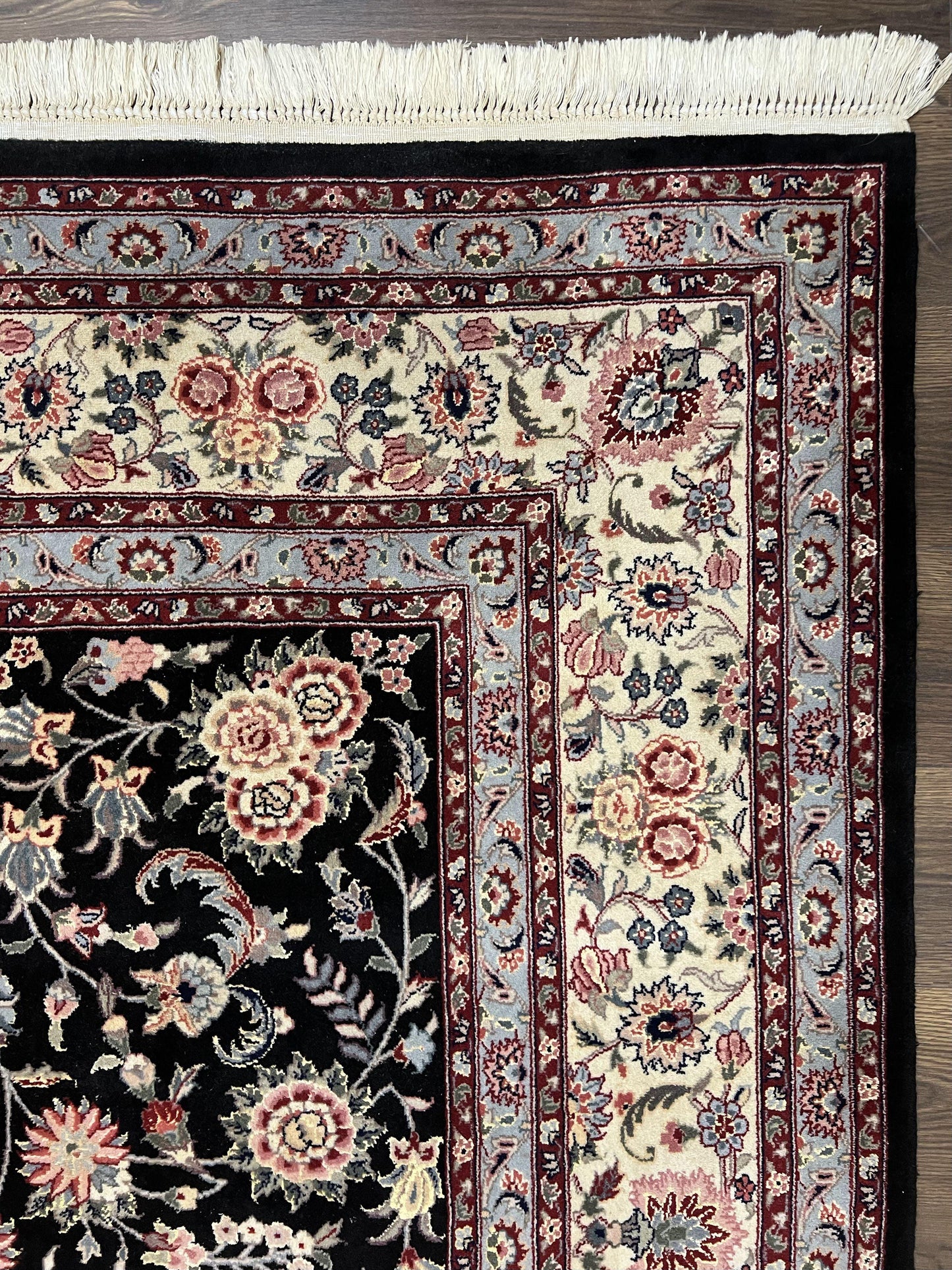 Pak Persian Rug 9x12, Floral Allover, Hand Knotted Oriental Carpet 9 x 12 ft, Black and Cream, Detailed, Wool with Silk Highlights, Vintage - Nuvé