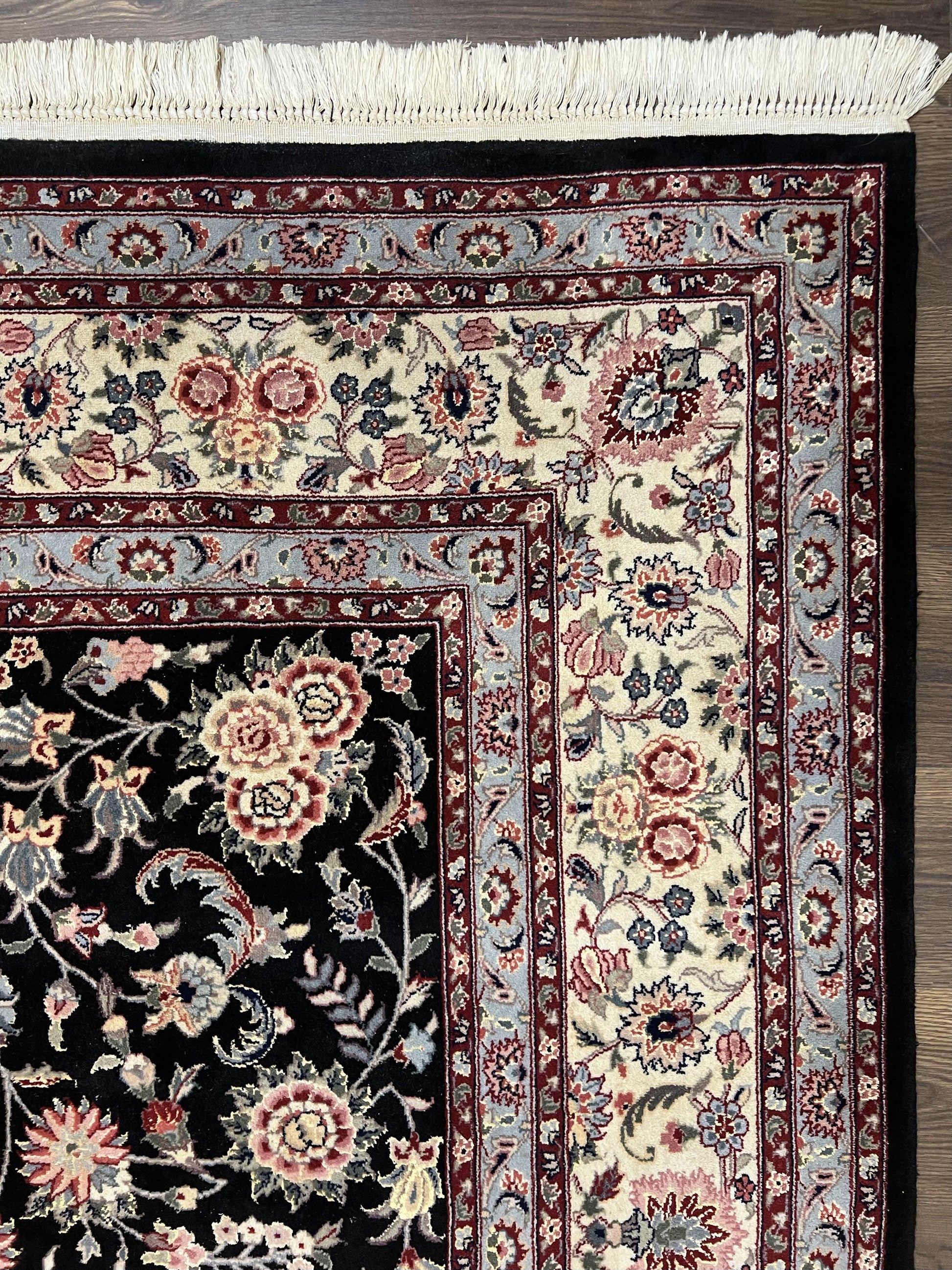 Pak Persian Rug 9x12, Floral Allover, Hand Knotted Oriental Carpet 9 x 12 ft, Black and Cream, Detailed, Wool with Silk Highlights, Vintage - Nuvé