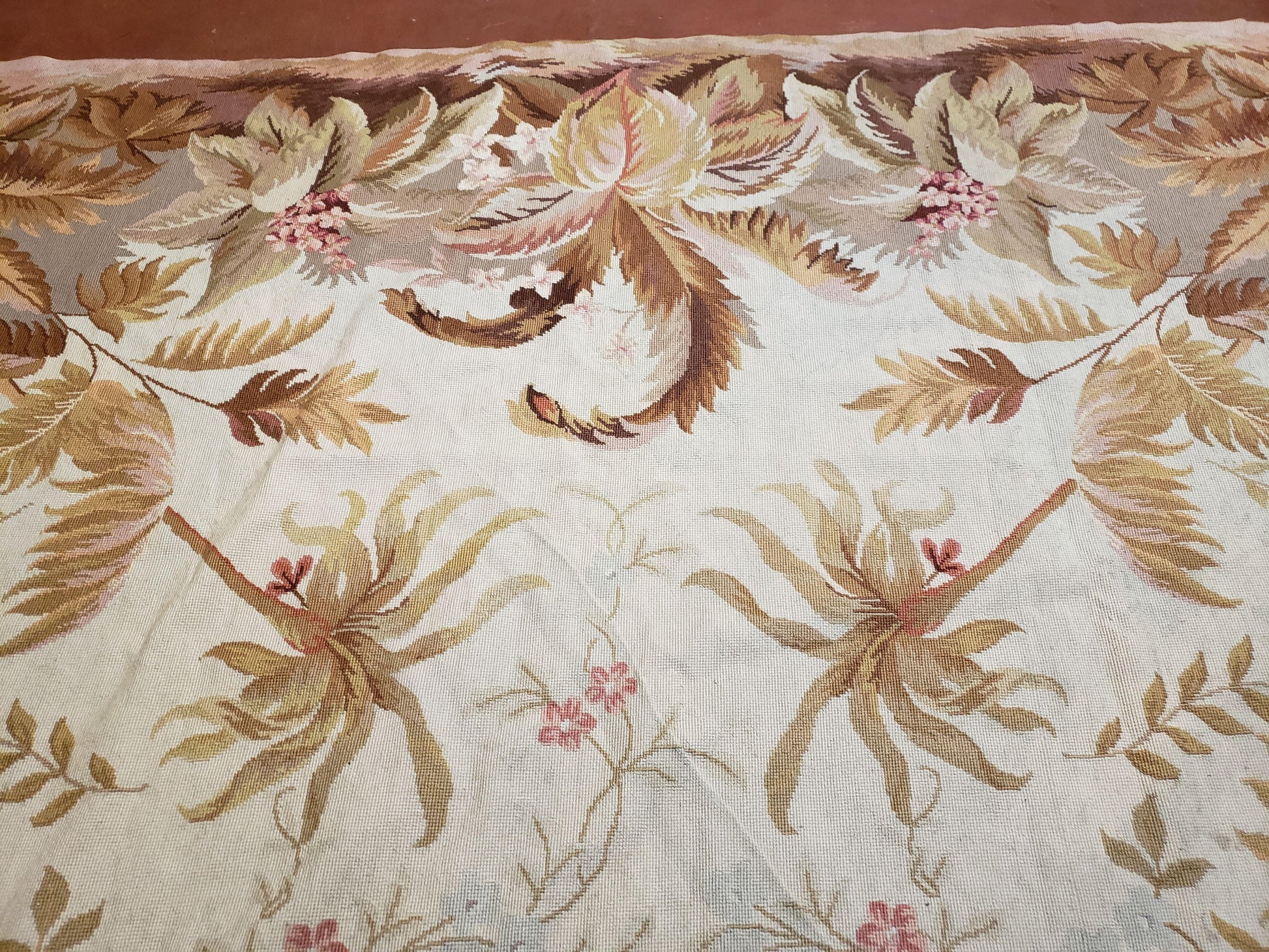 7' 7" x 9' 8" Needlepoint Rug Floral Beige Flat Weave Carpet 8x10 Handmade New Area Rug - Nuvé