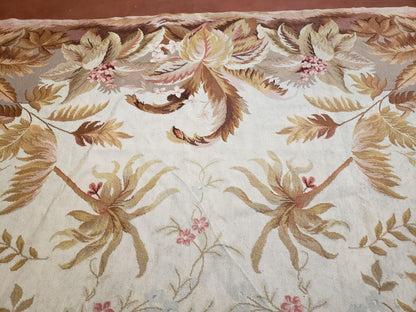 7' 7" x 9' 8" Needlepoint Rug Floral Beige Flat Weave Carpet 8x10 Handmade New Area Rug