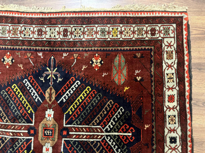 Antique Persian Tribal Rug 5 x 7.8, Triple Medallions, Red, Persian Afshar Rug - Nuvé