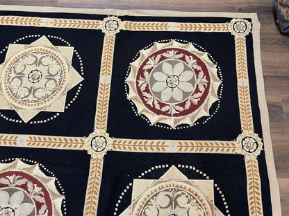 Large Needlepoint Rug 10x13, Panel Design, Black and Beige, Wool Needlepoint Carpet 10 x 13, English Garden, Handwoven Area Rug, Living Room - Nuvé