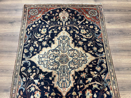 Antique Persian Rug 3.5 x 5, Sarouk Farahan Rug, High Quality 1920s Fine Oriental Carpet 3 x 5 ft, Large Medallion, Floral, Navy Blue Red, Hand Knotted Wool Rug