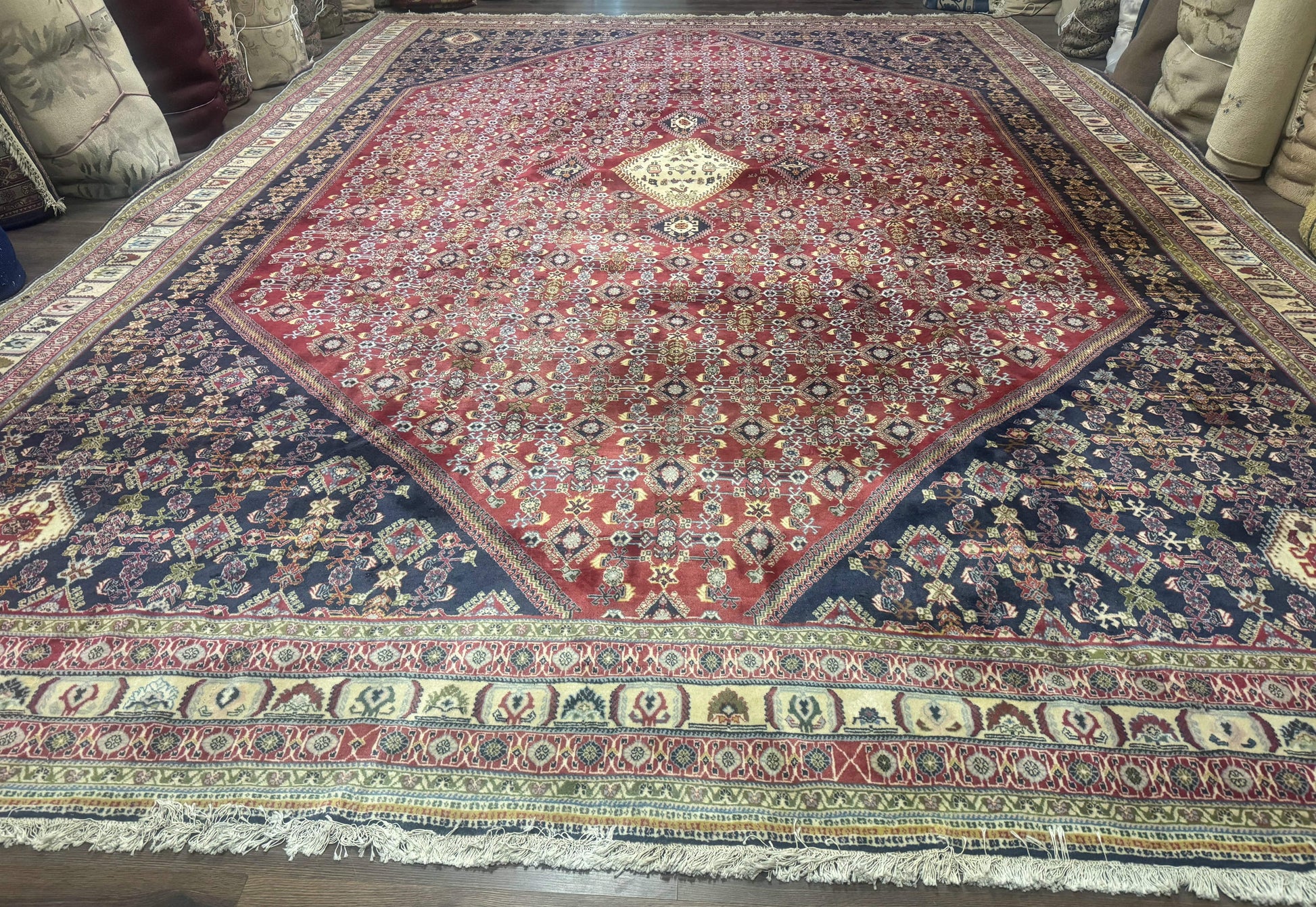 Palace Size Persian Shiraz Rug 13x19, Tribal Rug, Herati Pattern, Brick Red Navy Blue Beige, Oversized Persian Wool Area Rug, Extra Large - Nuvé