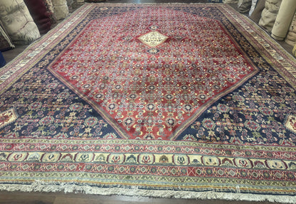 Palace Size Persian Shiraz Rug 13x19, Tribal Rug, Herati Pattern, Brick Red Navy Blue Beige, Oversized Persian Wool Area Rug, Extra Large - Nuvé
