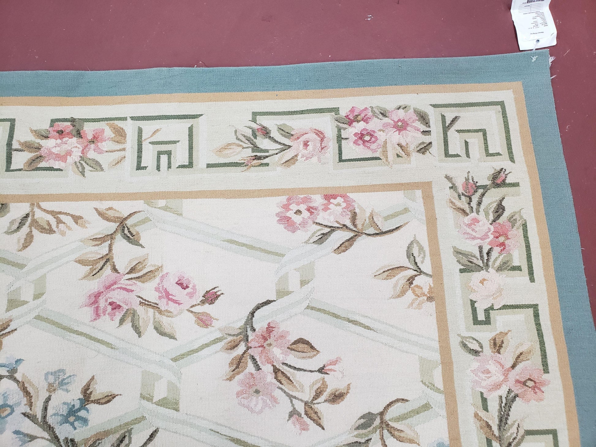 Vintage Aubusson Area Rug, Aubusson Flat weave Carpet, Floral Geometric Pattern, Beige Teal Green, 4x6 Rug, European Design - Nuvé