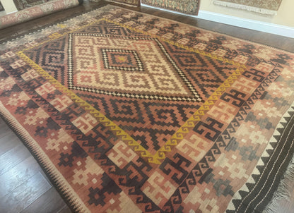 Antique Persian Tribal Kilim Rug 9x12, Zig Zag Pattern Kilim, Zarand Rug, Wool, Earth Tone Colors - Nuvé