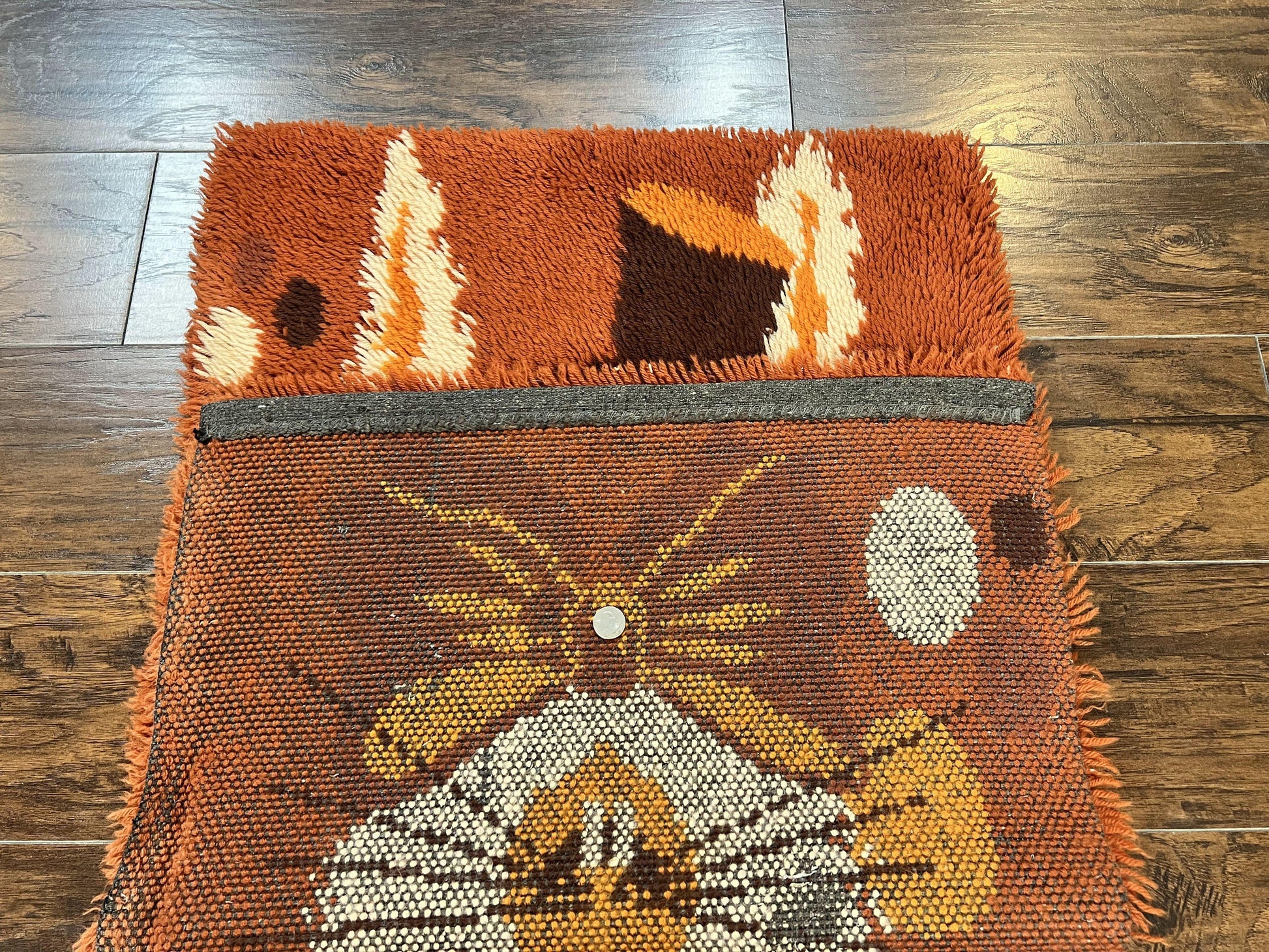 Rya Shag Rug 2x4, Rabbit in Top Hat, Wool, Orange, Vintage 1960s Danish Shag Rug - Nuvé