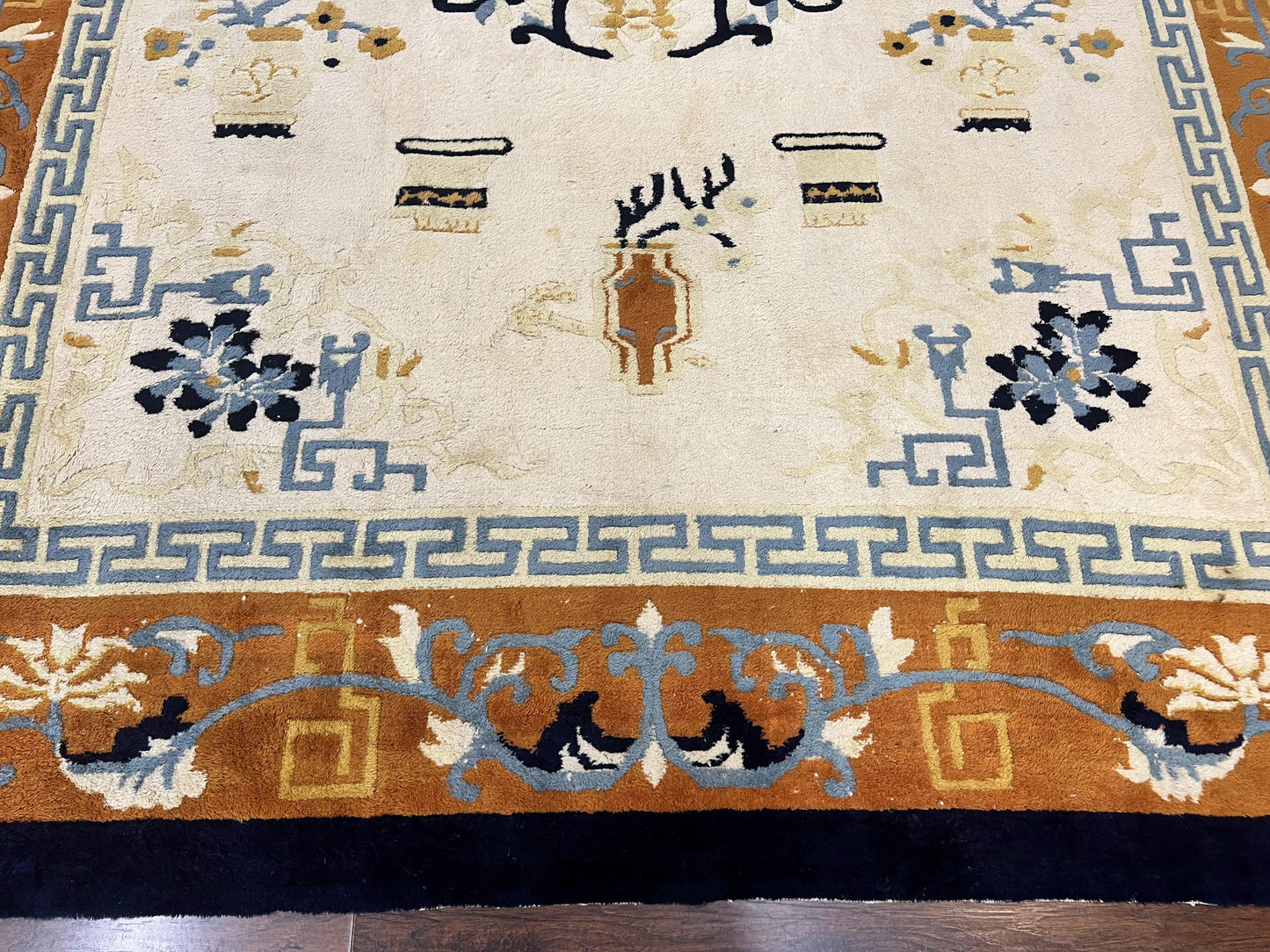 Indo Chinese Rug 9x12, Asian Oriental Carpet 9 x 12, Cream & Burnt Orange, Handmade Wool Vintage Art Deco Rug - Nuvé
