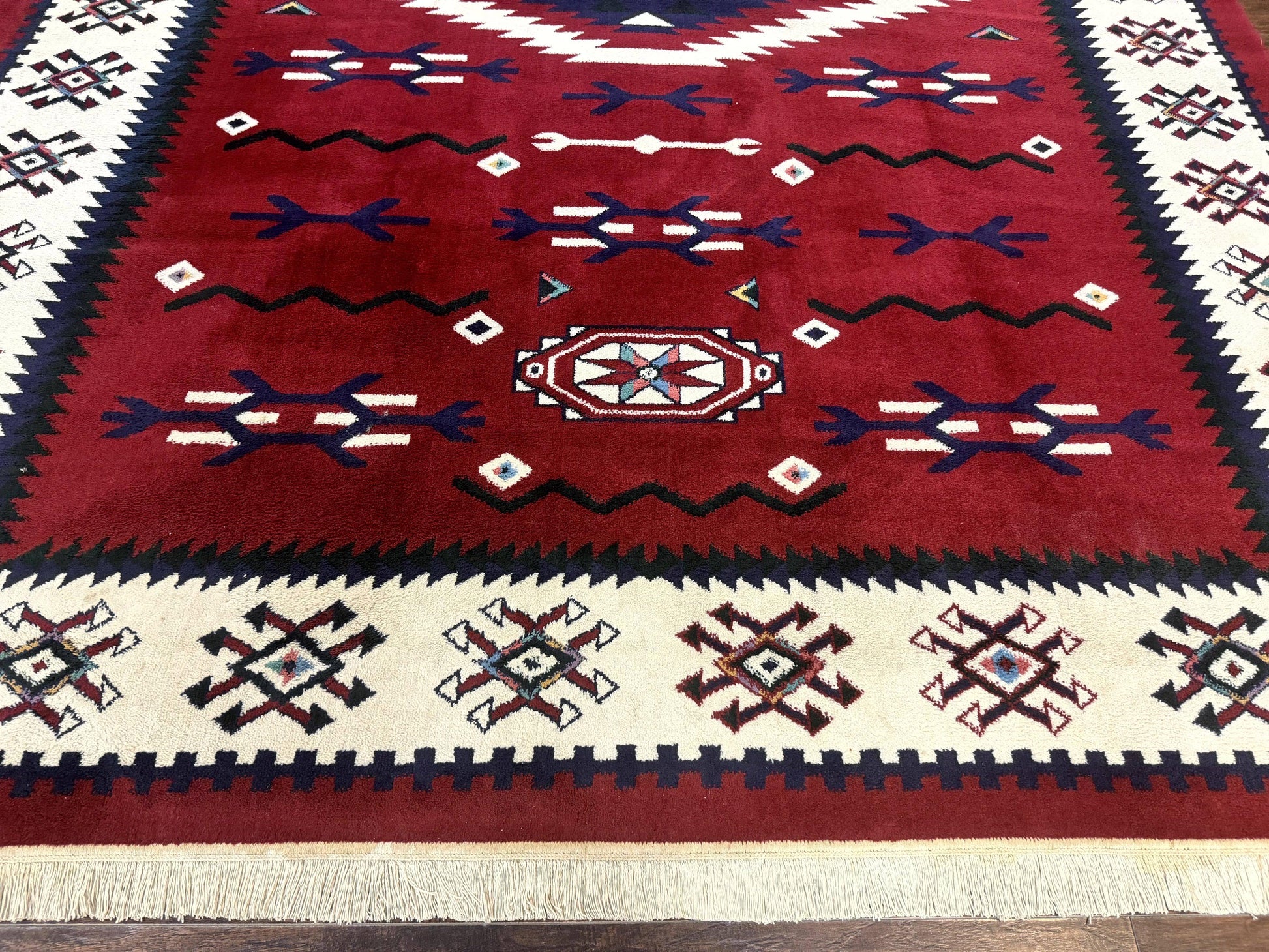 Belgium Power Loomed Rug 8x11, Navajo Native American Design, Dark Red and Ivory, Tribal Rug, Bohemian Carpet - Nuvé