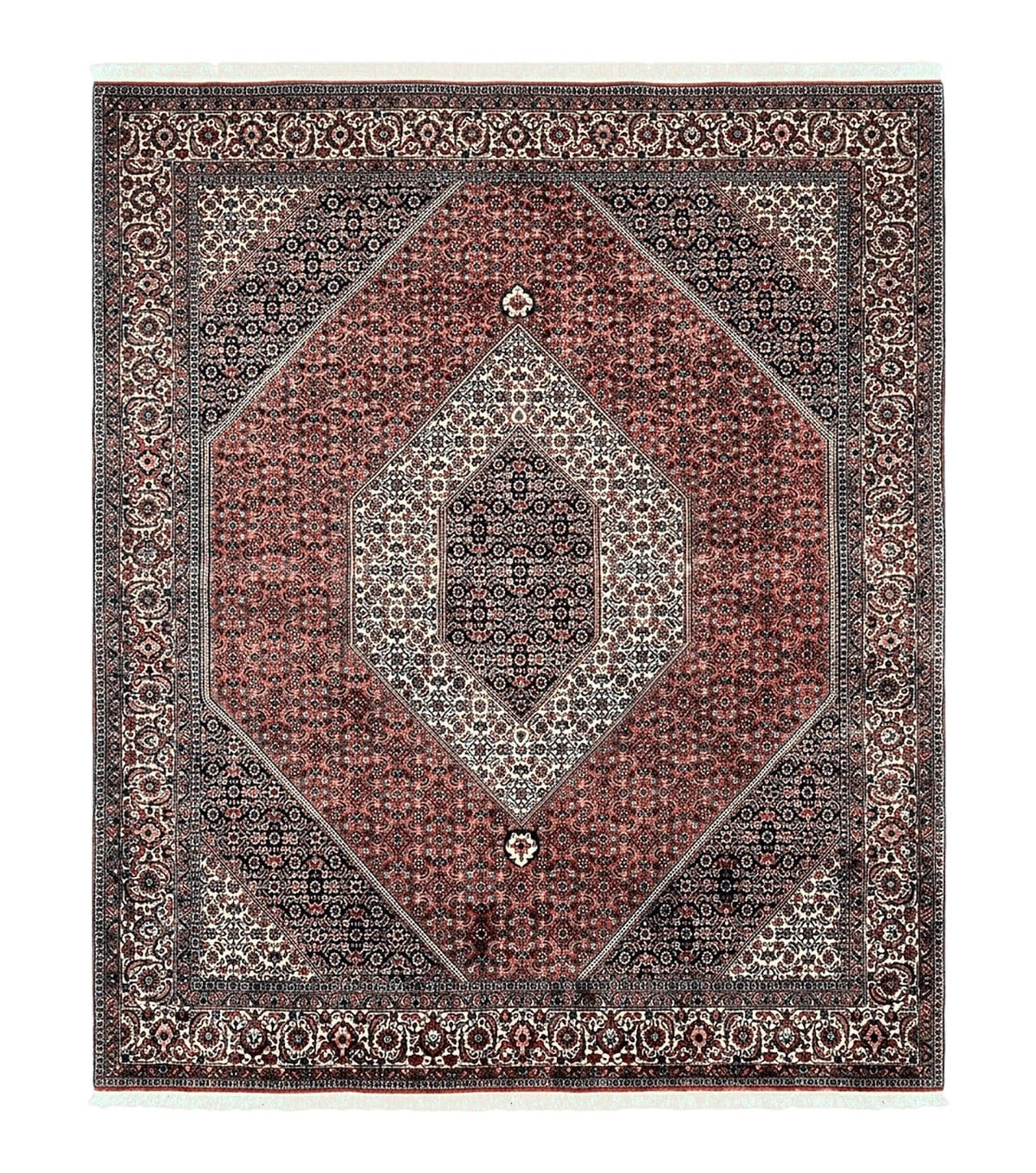Wonderful Persian Bidjar Rug 7x8 ft, Almost Square Oriental Carpet, Herati Mahi, Highly Detailed, Ivory Red Navy Blue, Very Fine Handmade Bijar Rug