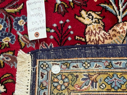 Persian Qum Rug 9x12, Animal Pictorials, Deer Birds, Tree of Life, Red and Navy Blue - Nuvé