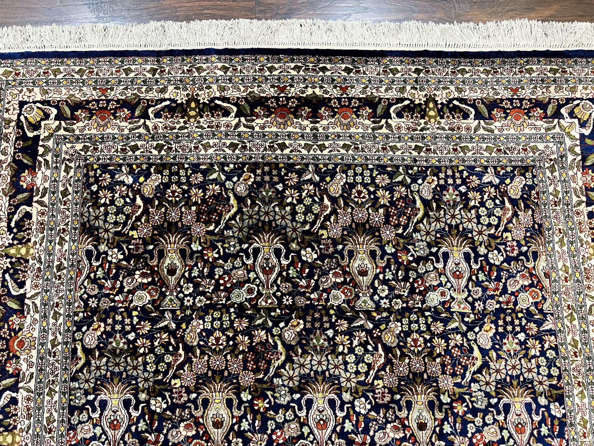 Silk Indian Kashmiri Rug 5x7, Navy Blue Indo Persian Silk Carpet 5 x 7 ft, Hand Knotted Handmade Very Fine Oriental Carpet, 450 KPSI, Birds - Nuvé