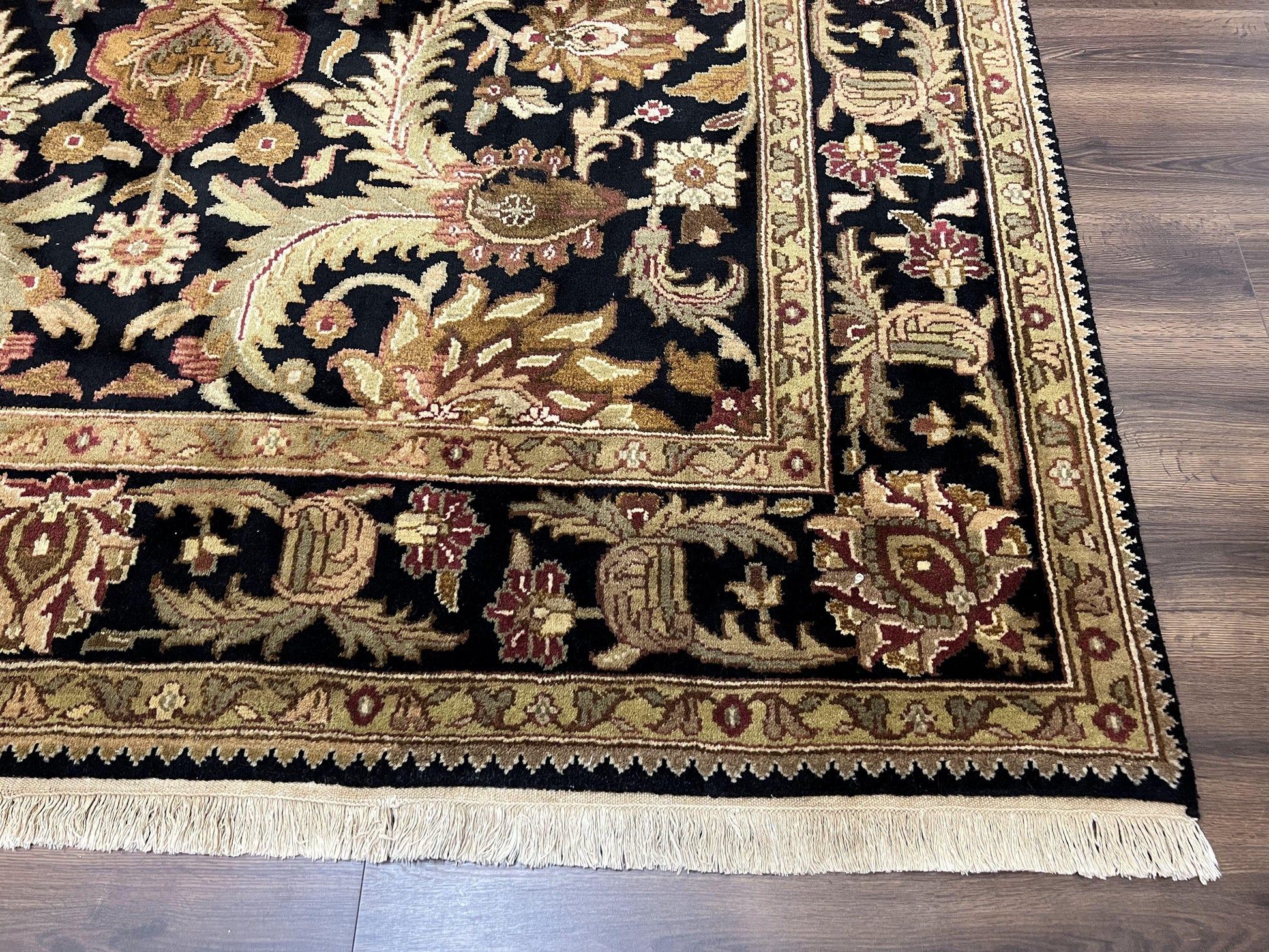 Indo Mahal Sultanabad Rug 8x11, Vintage Indian Oriental Carpet, Wool Handmade Floral Rug 8 x 11 ft, Black Beige Tan, Large Flowers Allover - Nuvé