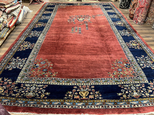 Large Persian Sarouk Rug 10x17, Open Field, Red and Navy Blue, Palace Sized Oversized Hand Knotted Wool Oriental Carpet Flowers Vases Antique 1920s - Nuvé