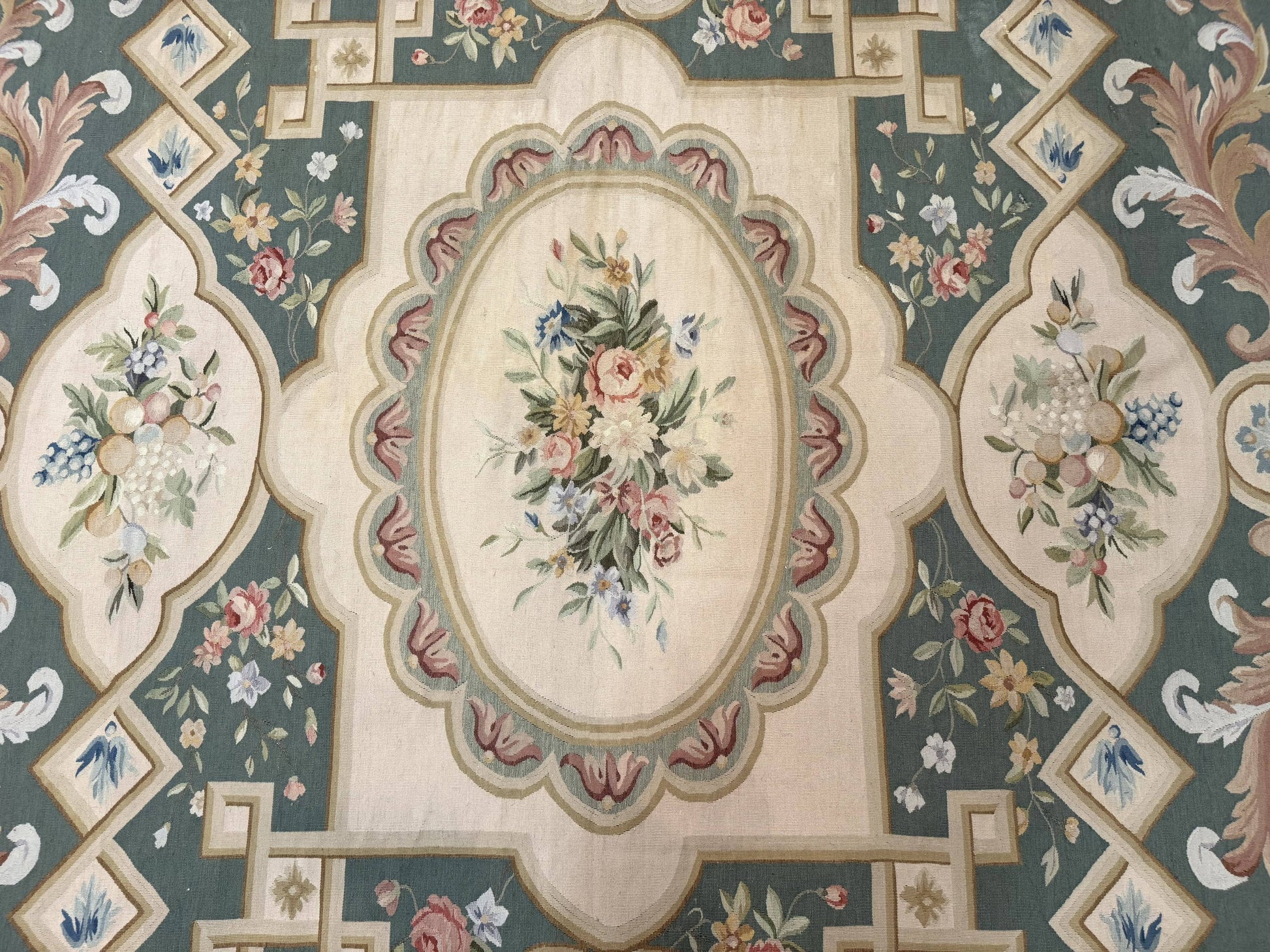 Aubusson Rug 9x12, Muted Sage Green and Cream, European Design - Nuvé