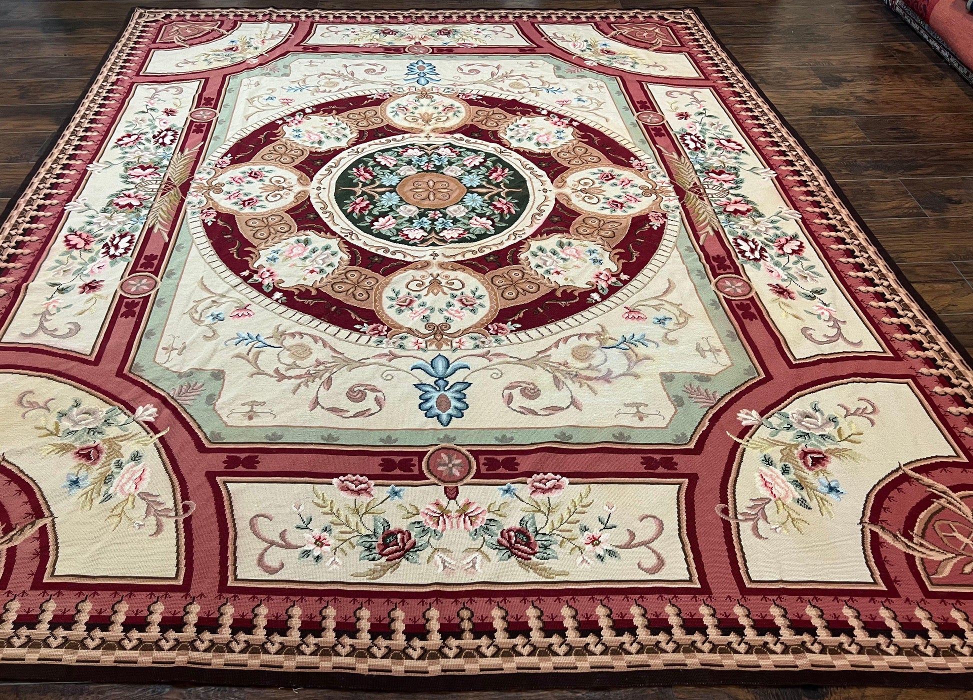 Needlepoint Rug 7.9 x 9, Beige Maroon Rose, Handmade Handwoven Flatweave Aubusson Savonnerie French European Elegant Carpet, Wool Rug - Nuvé