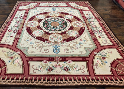 Needlepoint Rug 7.9 x 9, Beige Maroon Rose, Handmade Handwoven Flatweave Aubusson Savonnerie French European Elegant Carpet, Wool Rug - Nuvé