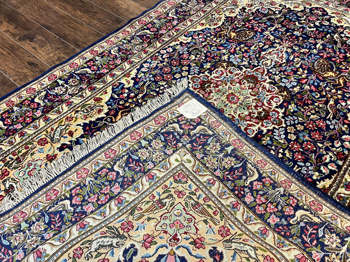 Persian Kirman Rug 6x9, Floral Medallion Vintage Wool Handmade Carpet 6 x 9, Animal Pictorials Birds, Semi Antique, Navy Blue, Millefleur - Nuvé