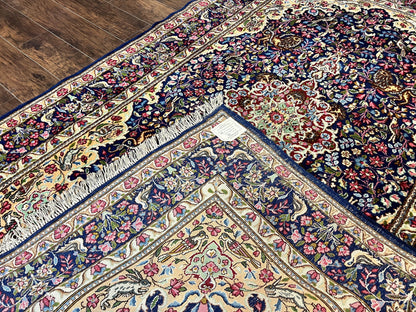Persian Kirman Rug 6x9, Floral Medallion Vintage Wool Handmade Carpet 6 x 9, Animal Pictorials Birds, Semi Antique, Navy Blue, Millefleur - Nuvé