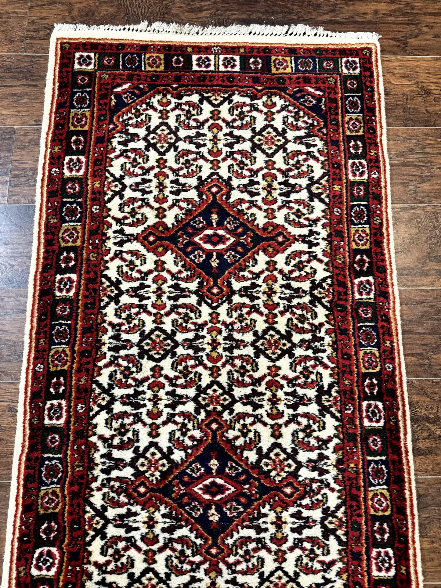 Indo Persian Bidjar Runner Rug 2.8 x 10, Vintage Rug for Hallway, 10ft Runner, Wool Handmade Ivory and Red, Medallions - Nuvé