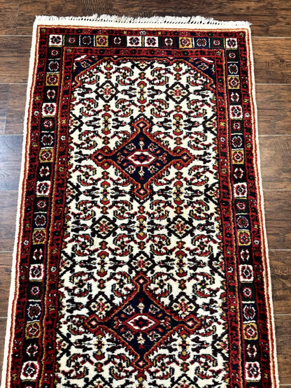Indo Persian Bidjar Runner Rug 2.8 x 10, Vintage Rug for Hallway, 10ft Runner, Wool Handmade Ivory and Red, Medallions - Nuvé