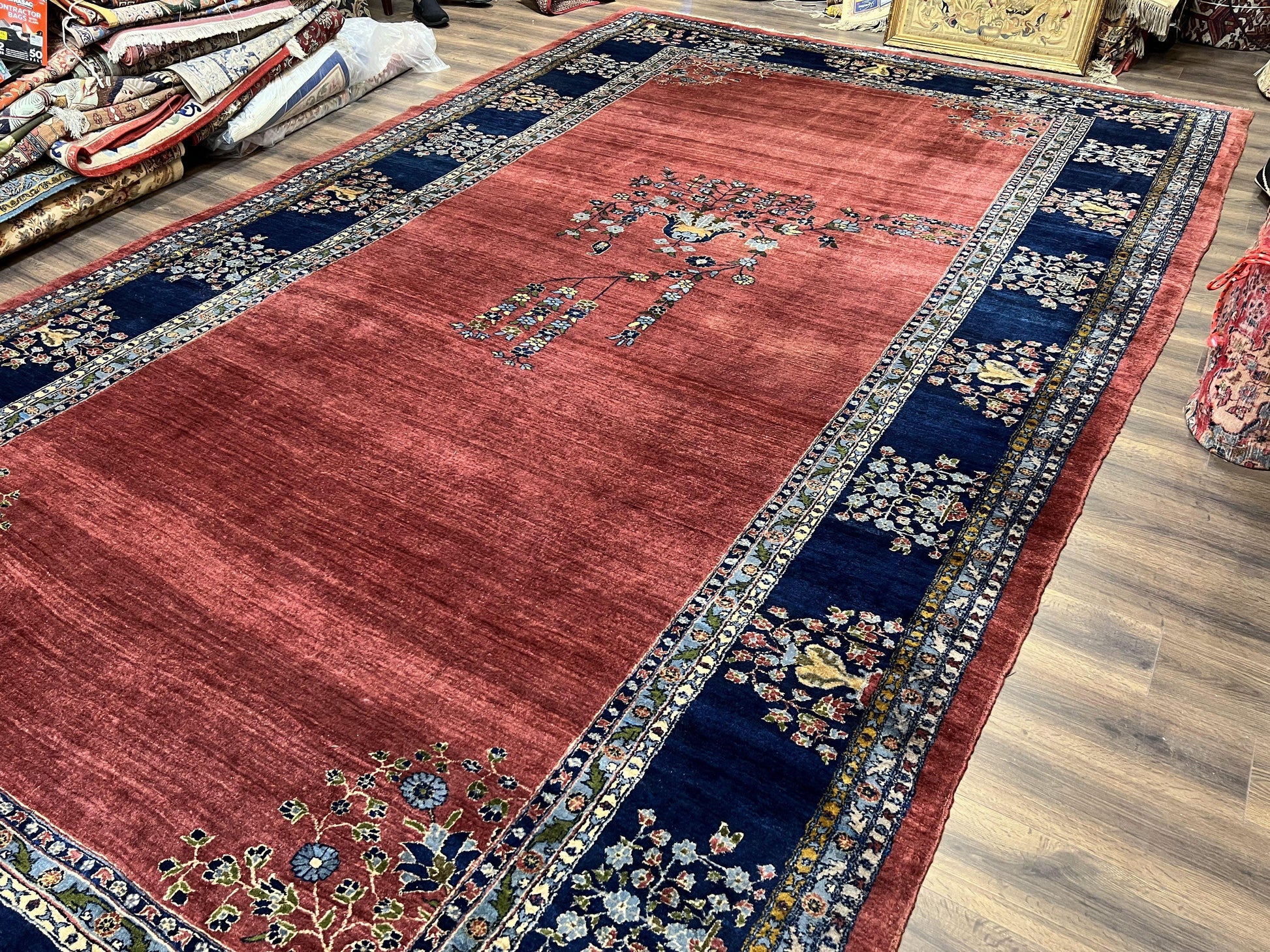 Large Persian Sarouk Rug 10x17, Open Field, Red and Navy Blue, Palace Sized Oversized Hand Knotted Wool Oriental Carpet Flowers Vases Antique 1920s - Nuvé