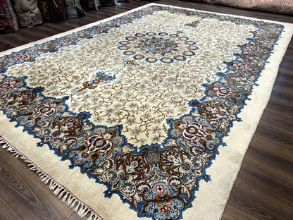 Persian Kashan Rug 9 x 12.6, Ivory and Blue, Floral Medallion, Wool Hand Knotted Semi Antique Carpet - Nuvé