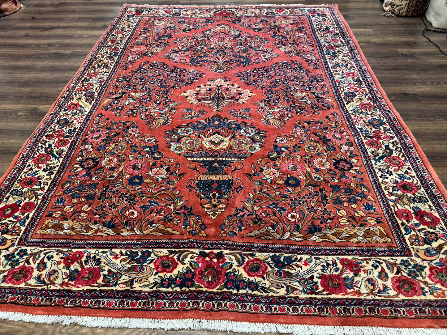 Persian Sarouk Rug 7x10, Red and Ivory, Floral Bouquets, Birds - Nuvé
