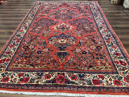 Persian Sarouk Rug 7x10, Red and Ivory, Floral Bouquets, Birds - Nuvé