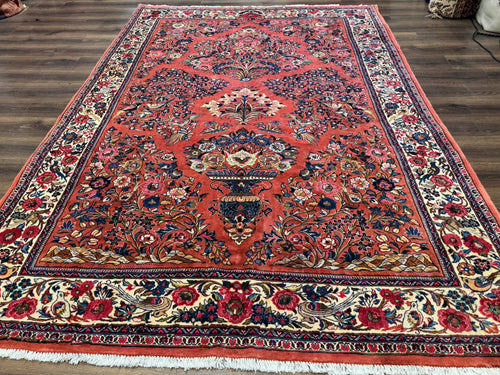 Persian Sarouk Rug 7x10, Red and Ivory, Floral Bouquets, Birds - Nuvé