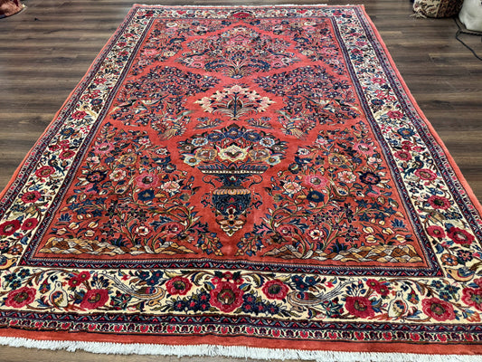 Persian Sarouk Rug 7x10, Red and Ivory, Floral Bouquets, Birds - Nuvé