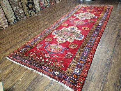 Antique Persian Karajeh Runner Rug 4.4 x 11 ft, Red Colorful Geometric Medallion Runner - Nuvé