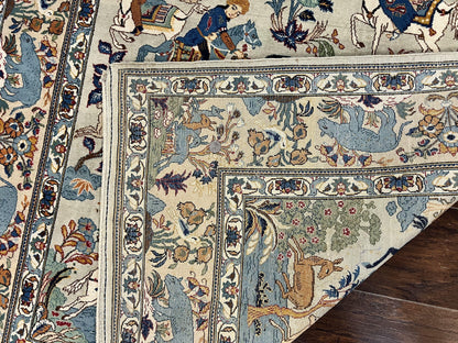 Persian Kashan Pictorial Rug 4.6 x 7, Hunting Scene, SIgned by Masterweaver, Animal Pictorials, Rare, Handmade, Wool, Vintage, Very Fine - Nuvé