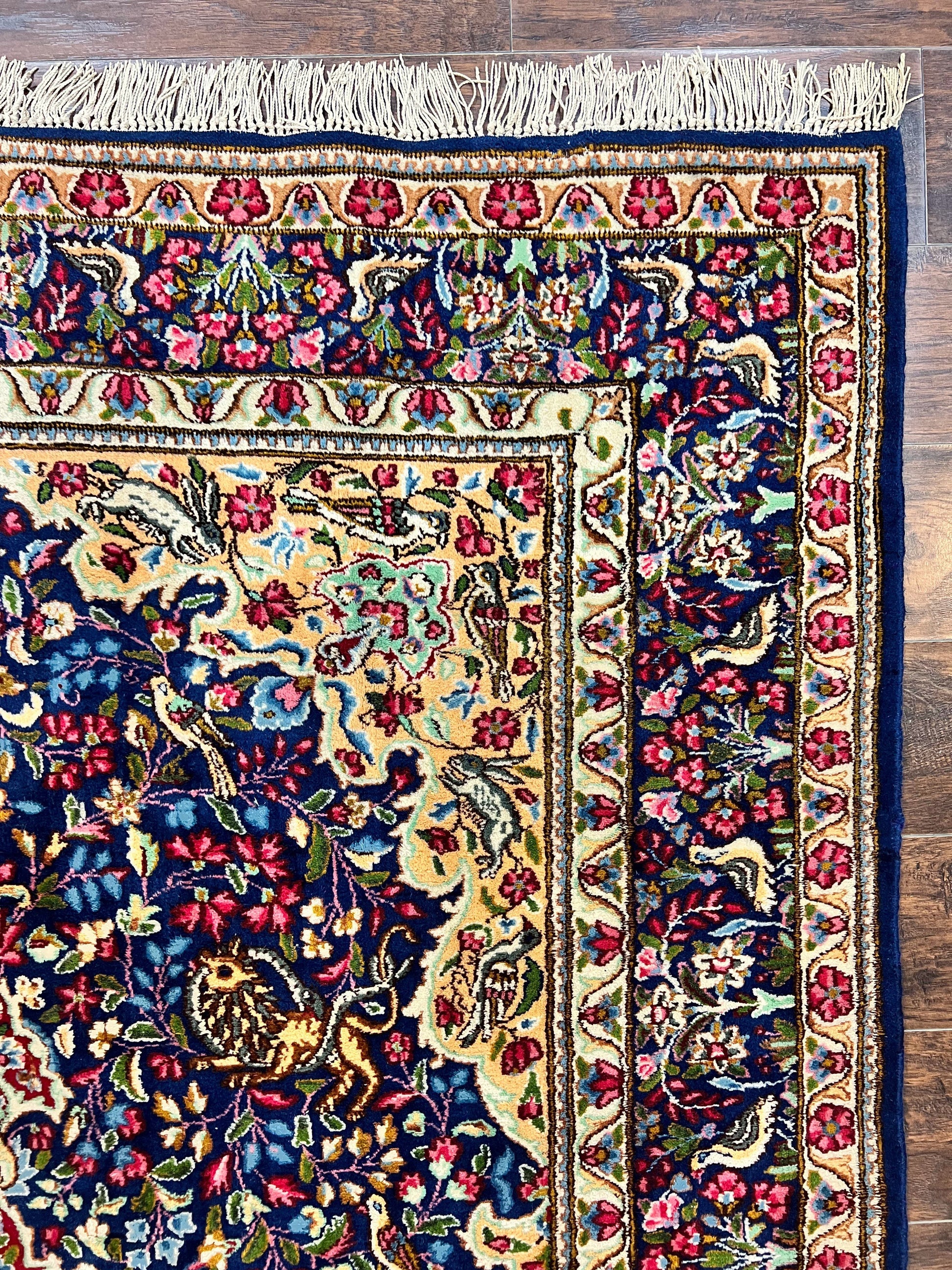 Persian Kirman Rug 6x9, Floral Medallion Vintage Wool Handmade Carpet 6 x 9, Animal Pictorials Birds, Semi Antique, Navy Blue, Millefleur - Nuvé