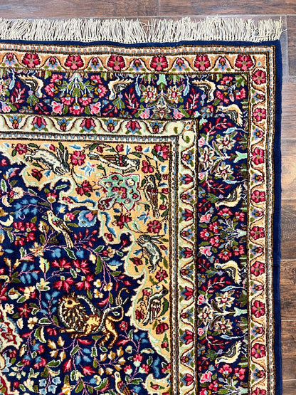Persian Kirman Rug 6x9, Floral Medallion Vintage Wool Handmade Carpet 6 x 9, Animal Pictorials Birds, Semi Antique, Navy Blue, Millefleur - Nuvé
