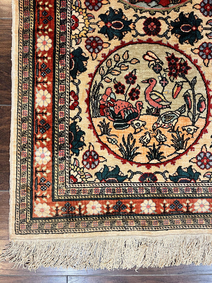 Silk Turkish Rug 2x4, Fine Handmade Oriental Rug, Animal Pictorial Birds Silk Pile on Silk Foundation Vintage Hand Knotted Hereke Carpet - Nuvé