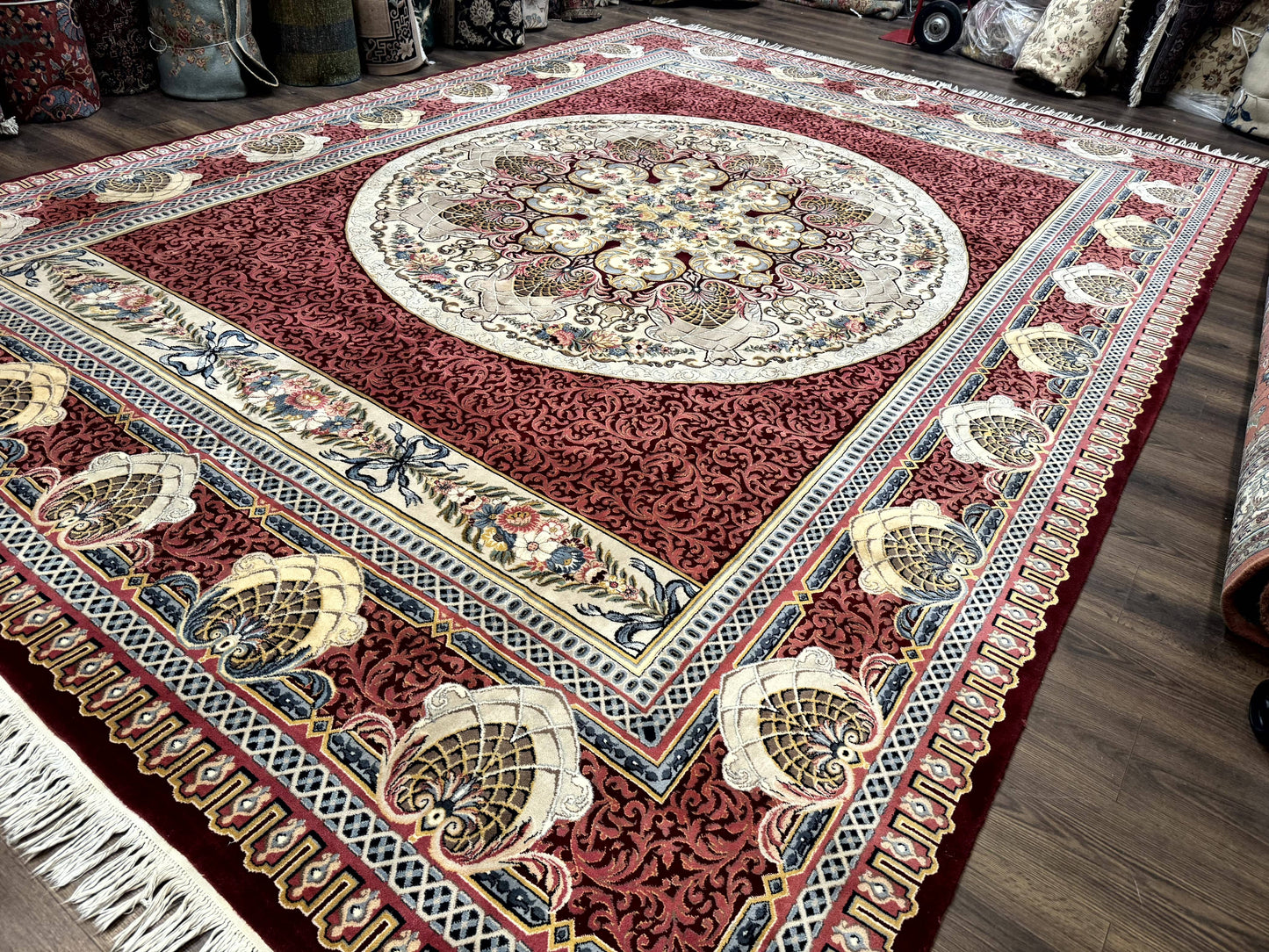 Wonderful Aubusson Rug 10x14, Red Maroon, Elegant, Fine 200 KPSI - Nuvé