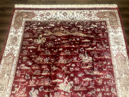 Turkish Silk Rug 8x10, Red & Ivory, Hunting Design, Bamboo Silk, New