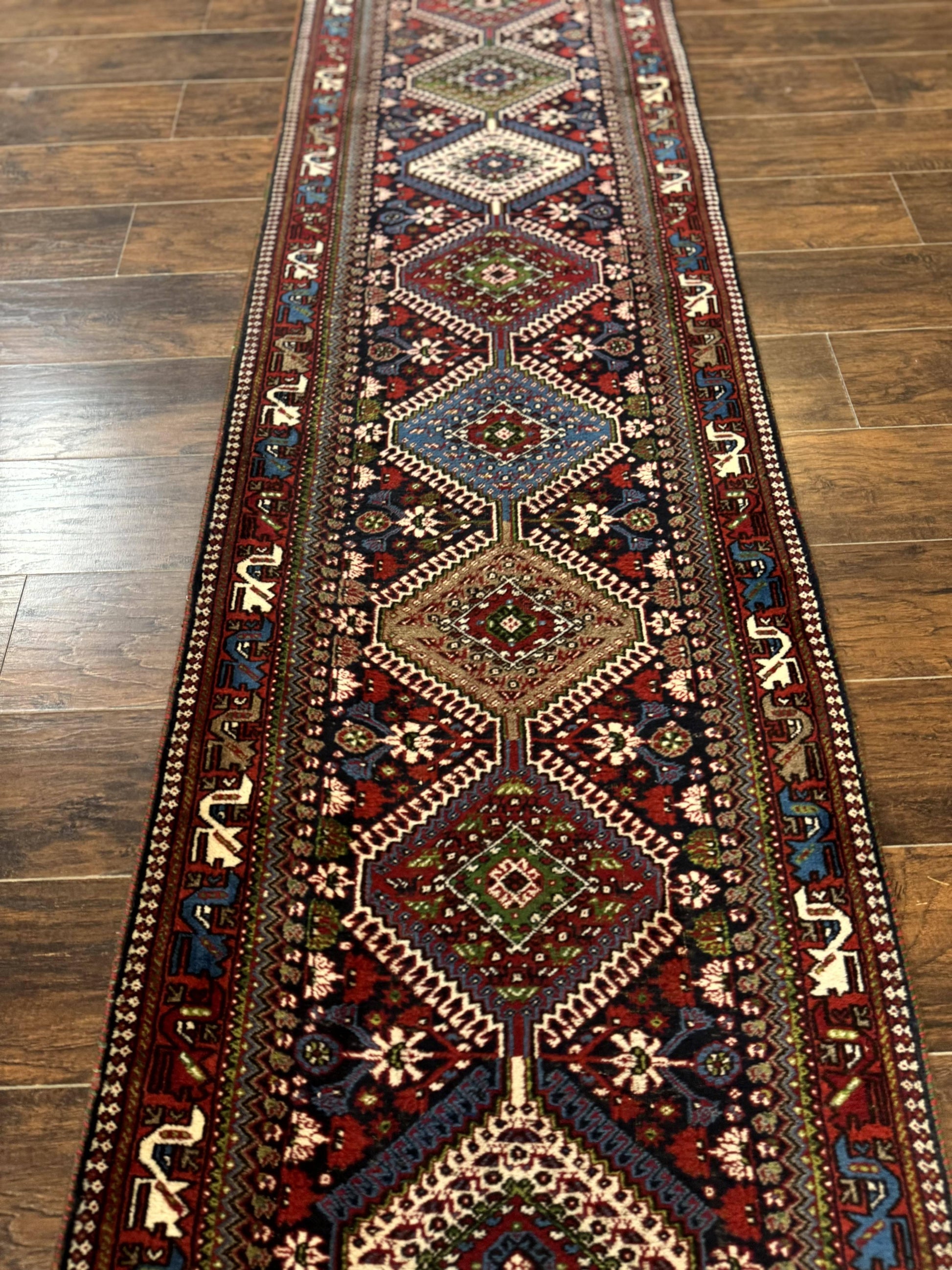 Persian Tribal Runner Rug 2.6 x 20 ft, Antique Persian Shiraz Carpet for Hallway, Colorful Navy Blue - Nuvé