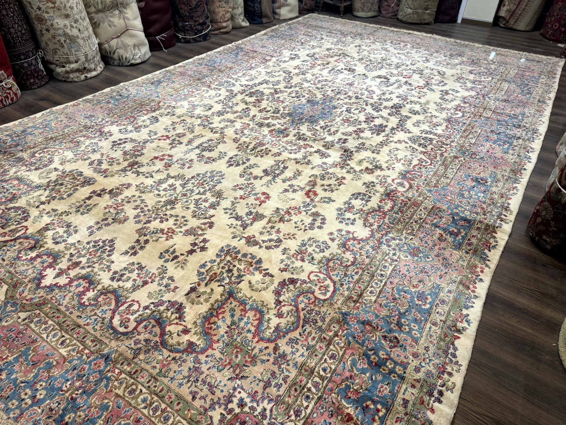 Palace Size Persian Kerman Rug 11x20 ft, Very Fine 340 KPSI, Vintage Oversized Wool Handmade Large Persian Carpet, Beige Light Blue Pink - Nuvé