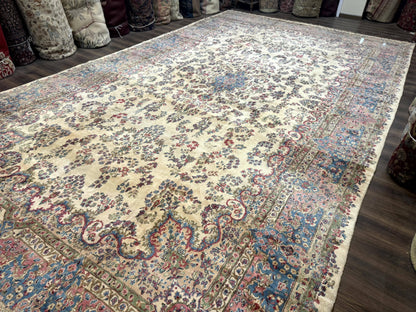 Palace Size Persian Kerman Rug 11x20 ft, Very Fine 340 KPSI, Vintage Oversized Wool Handmade Large Persian Carpet, Beige Light Blue Pink - Nuvé