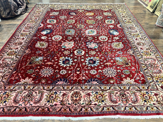 Persian Tabriz Rug 10x12, Floral Allover, Handmade Vintage Wool Carpet, Red and Cream - Nuvé