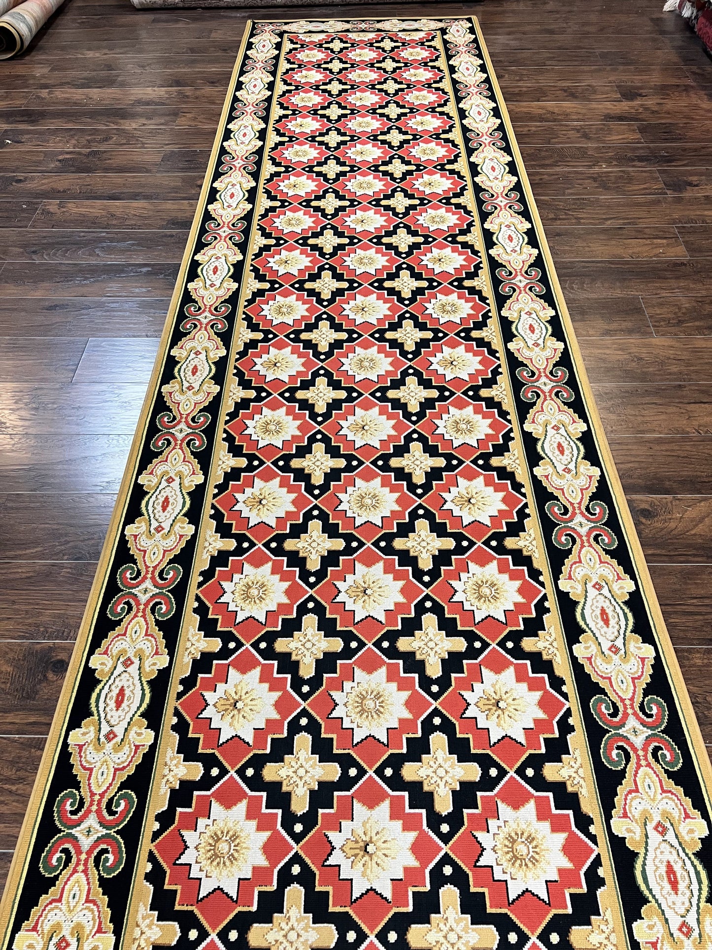 Runner Rug 4x19, Panel Design Rug, Custom Made Stark Runner Carpet, Wool, Vintage 4 x 19 Hallway Rug, European Design, Red Black Ivory Tan - Nuvé
