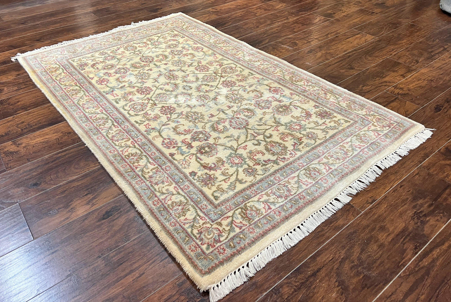 Indo Persian Rug 4x6, Vintage Handmade Wool Carpet, Floral Allover Pattern, Beige, Pair A - Nuvé