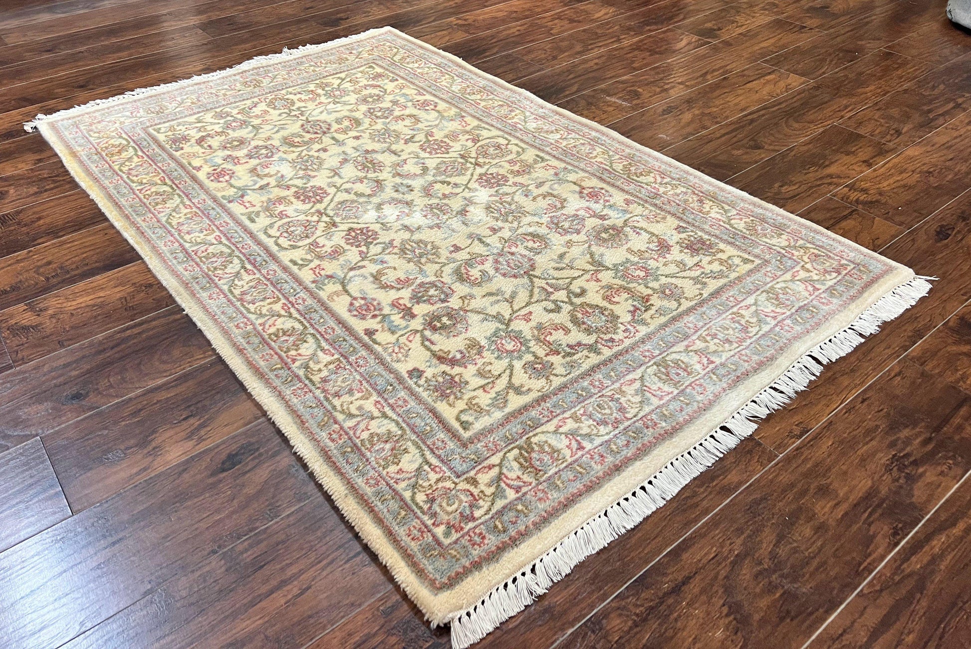 Indo Persian Rug 4x6, Vintage Handmade Wool Carpet, Floral Allover Pattern, Beige, Pair A - Nuvé