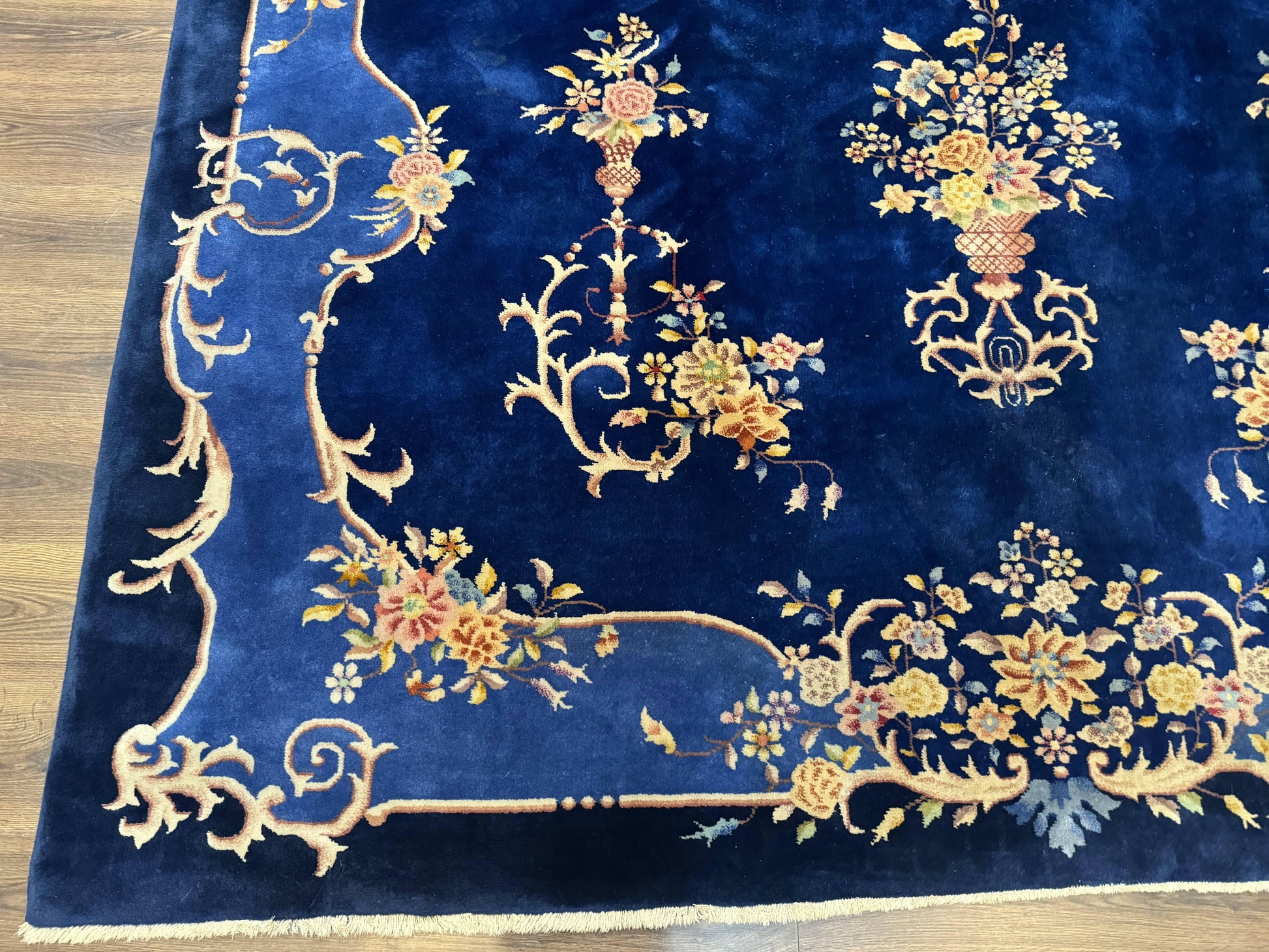 Blue Chinese Art Deco Rug 9x12, Vintage Antique Chinese Wool Rug, Chinese Fette Rug - Nuvé